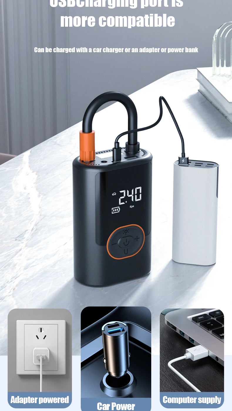 Showlu Smart General portable digital air compressor tire inflator with wireless 12V design and digital display.
