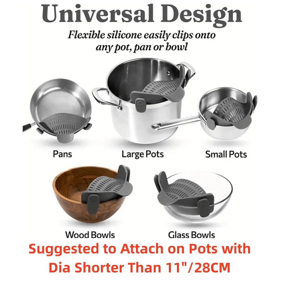 Showlu Smart General clip-on pot strainer attached to a cooking pot, designed for easy straining of liquids and pasta.