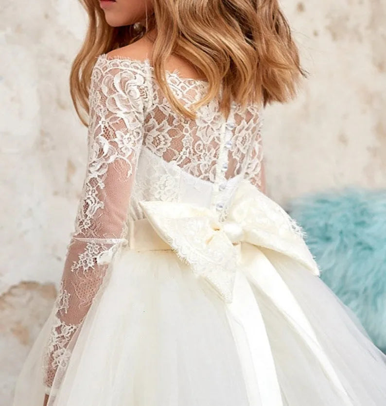 Ivory lace and tulle flower girl dress by Showlu Fashion Store, ball gown style with elegant detailing for special occasions.
