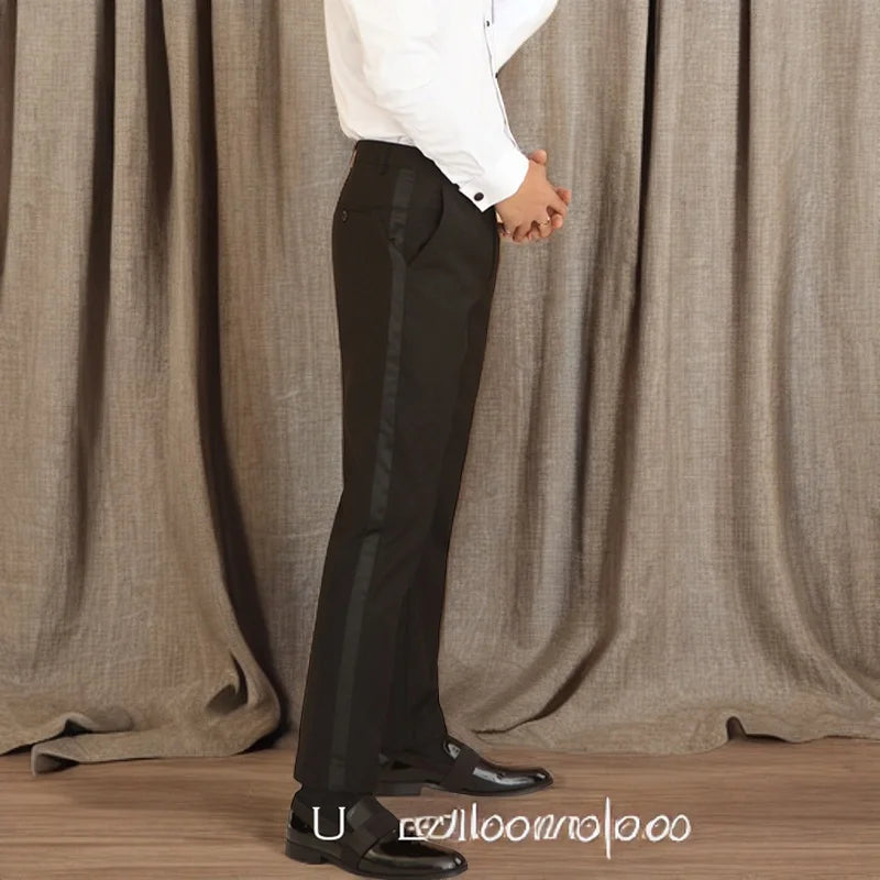 Black men's slim fit formal trousers with side satin stripe, stylish one-piece design, ideal for official or fashion occasions.