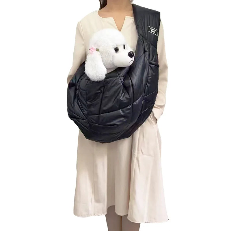 Showlu Fashion ZHUOJI leather pet sling carrier with adjustable strap and secure pocket for hands-free dog and cat travel.
