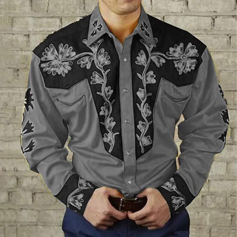 Men's floral leopard print retro style western long-sleeved shirt by Showlu Fashion Store, featuring a lapel collar and casual outdoor design.