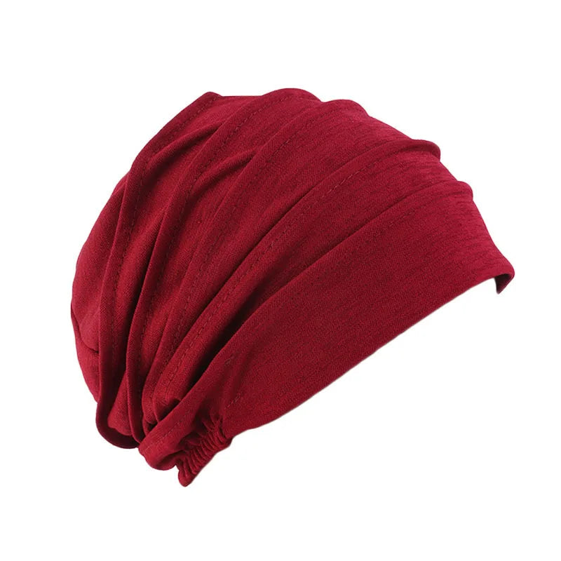 Solid color women’s turban cancer beanie by Showlu Fashion Store, elastic head cap for hair loss and chemo, Muslim Indian hijab bonnet