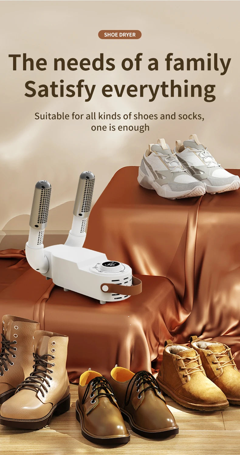 Showlu Smart Electric Shoe Dryer with 150W power, portable design, deodorizer feature, and timer for quick shoe drying.