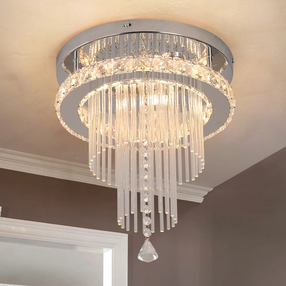 Modern VETRULUS rain drop crystal chandelier with LED ceiling light, featuring sparkling crystal drops and elegant design.