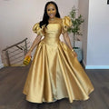 Elegant women's puff sleeve dress with square collar, pleated A-line design, in gold solid fabric, perfect for evening parties and cocktails.