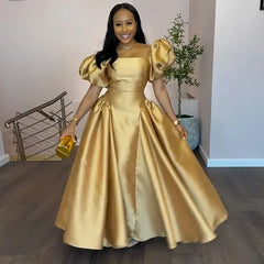 Puff Sleeve Elegant Dress for Women's Square Collar Gold Solid Pleated A-line Evening Party Cocktail Long Dresses