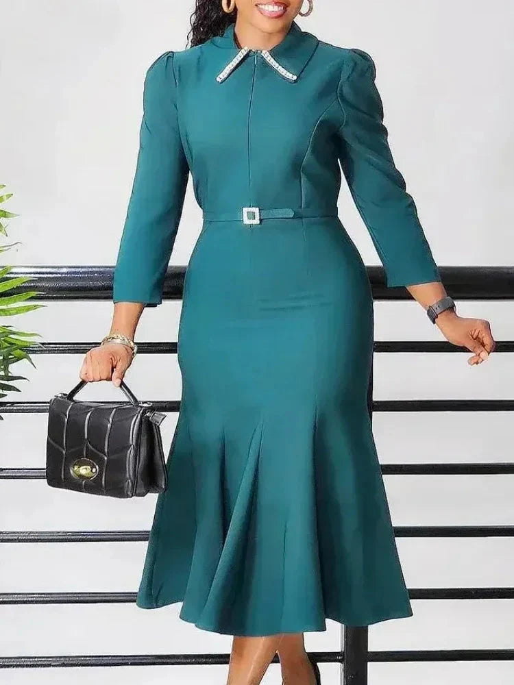 AOMEI Women's Mermaid Church Dress with long sleeves, modest design, suitable for office or formal occasions, shown in black.