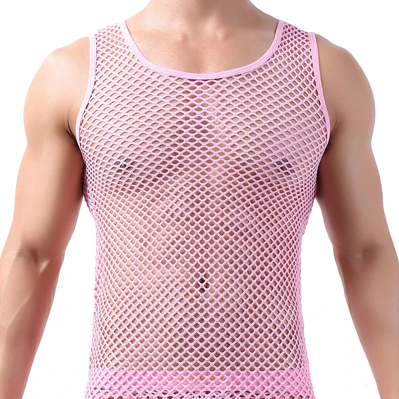 Men's fashion tank top by Showlu with hollow-out mesh design, sleeveless breathable undershirt, ideal for casual and summer wear.