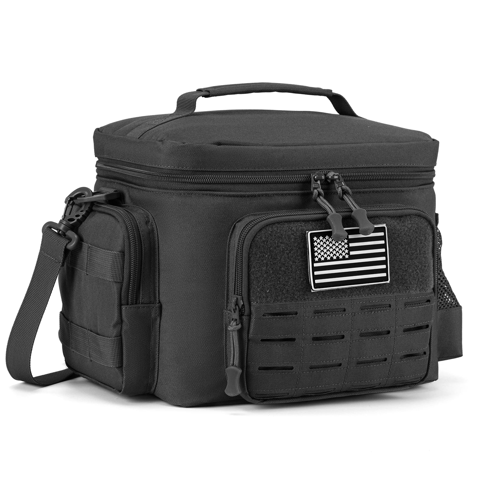 Showlu Tactical Lunch Bag, heavy-duty insulated thermal cooler box with sturdy design and multiple compartments for food storage.