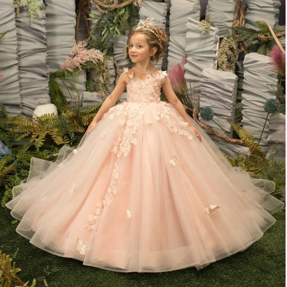 Pink flower girl dress for kids with 3D floral appliqué, tulle ball gown by Showlu Fashion Store