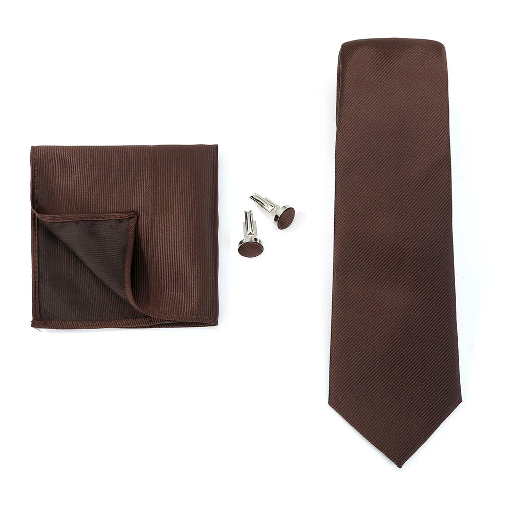 Solid color men’s formal wedding necktie and handkerchief set with jacquard weave, matching cufflinks and suit accessories.