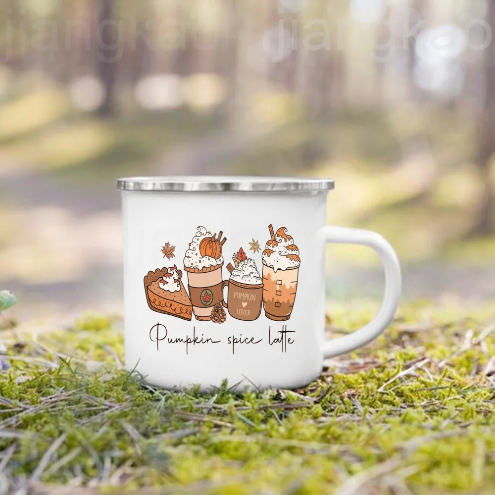 Showlu Pumpkin Spice Jesus Christ enamel mug with fall-themed design, perfect for camping and coffee gatherings.