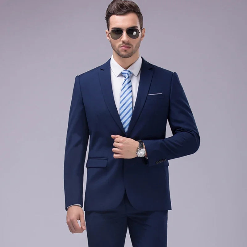 Men's black blazer and matching trousers set from Showlu Fashion, suitable for casual, office, or wedding occasions.