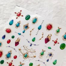 Elegant gold scepter 5D nail art stickers with gemstone patterns for luxurious manicure decoration, featuring self-adhesive design.