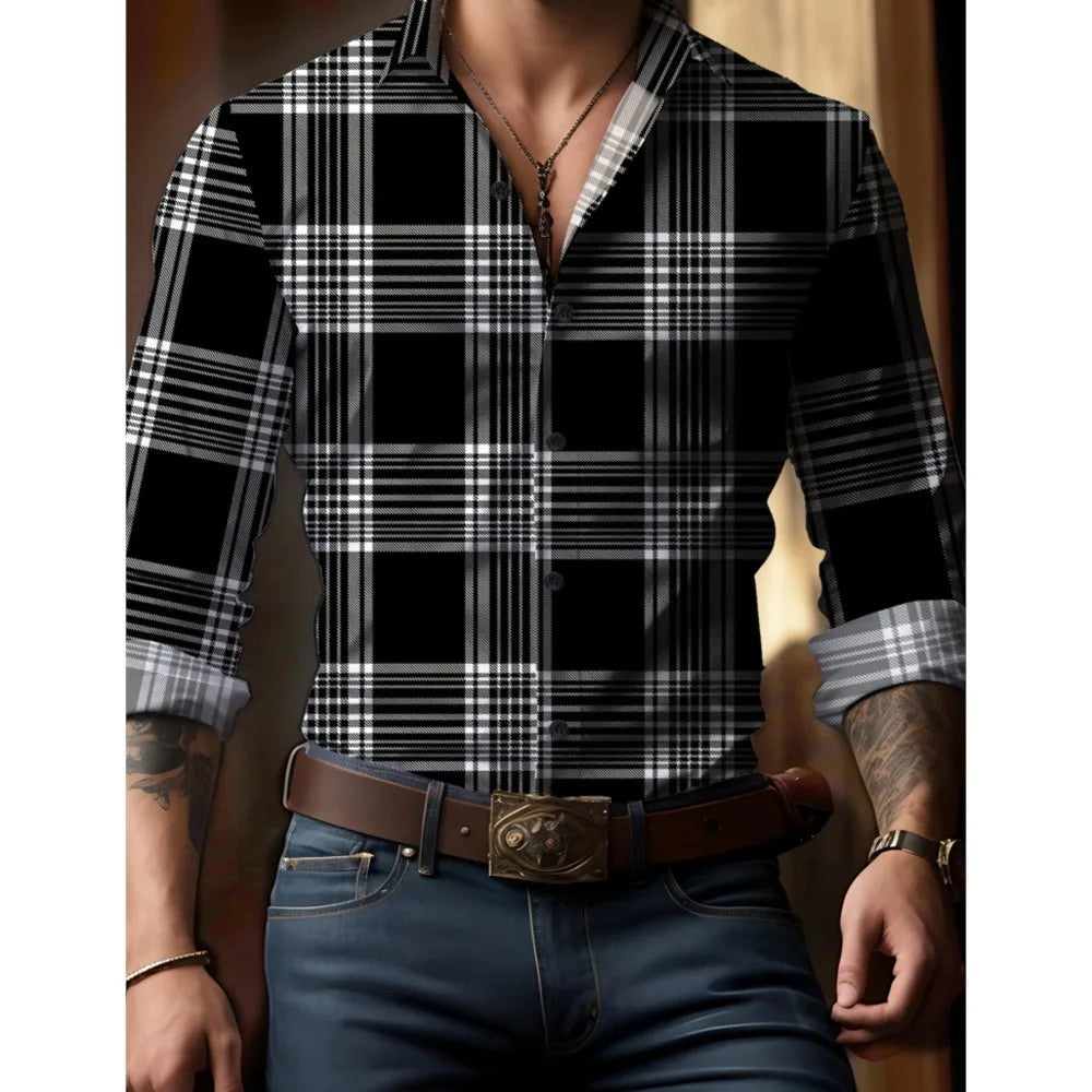 Men's check print long sleeve button down shirt with flip lapel, oversized style, perfect for spring and autumn outdoor street wear.