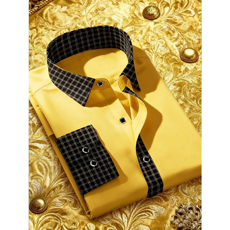 Showlu Smart General men's patchwork tuxedo shirt with long sleeves, high street style, smart casual fit, and elastic fabric.
