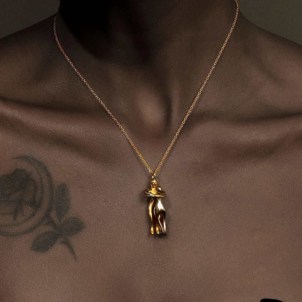 E.B.belle mixed color stainless steel pendant necklace with hug design, 18K gold finish, ideal for lovers and family gifts