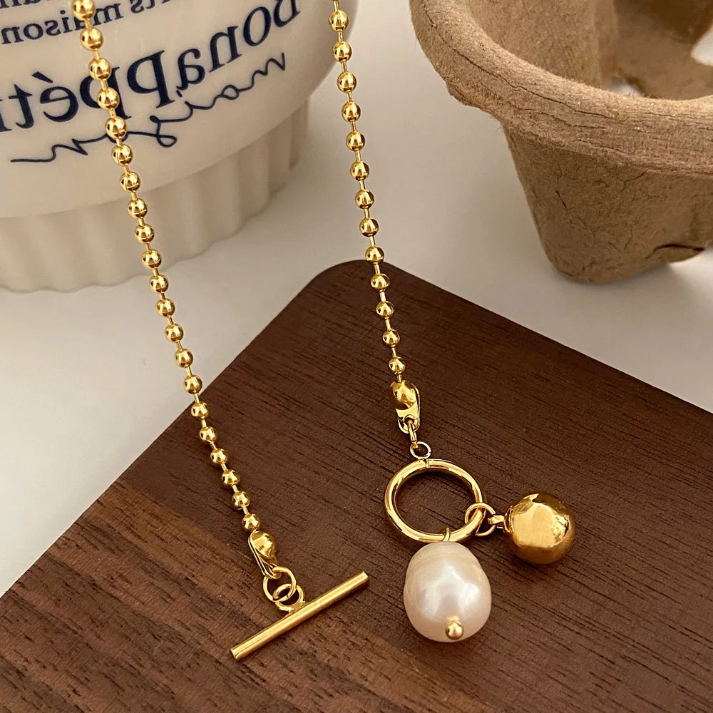 Showlu Fashion Store Peri'sBox minimalist stainless steel necklace with freshwater pearl pendant and baroque pearl accent for women