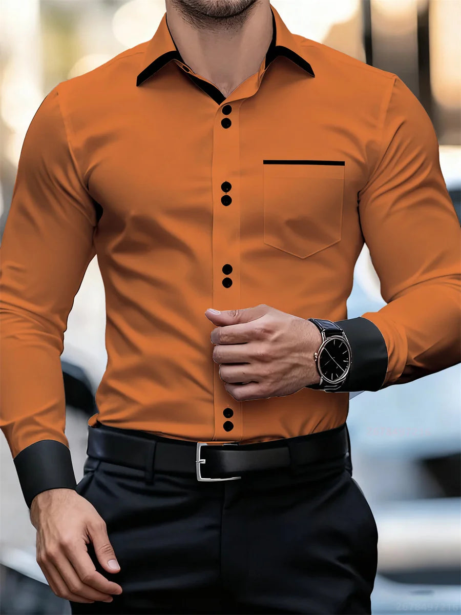 Men's black and white color block collar long sleeve shirt with slim fit, wrinkle-free patchwork design from Showlu Fashion Store.