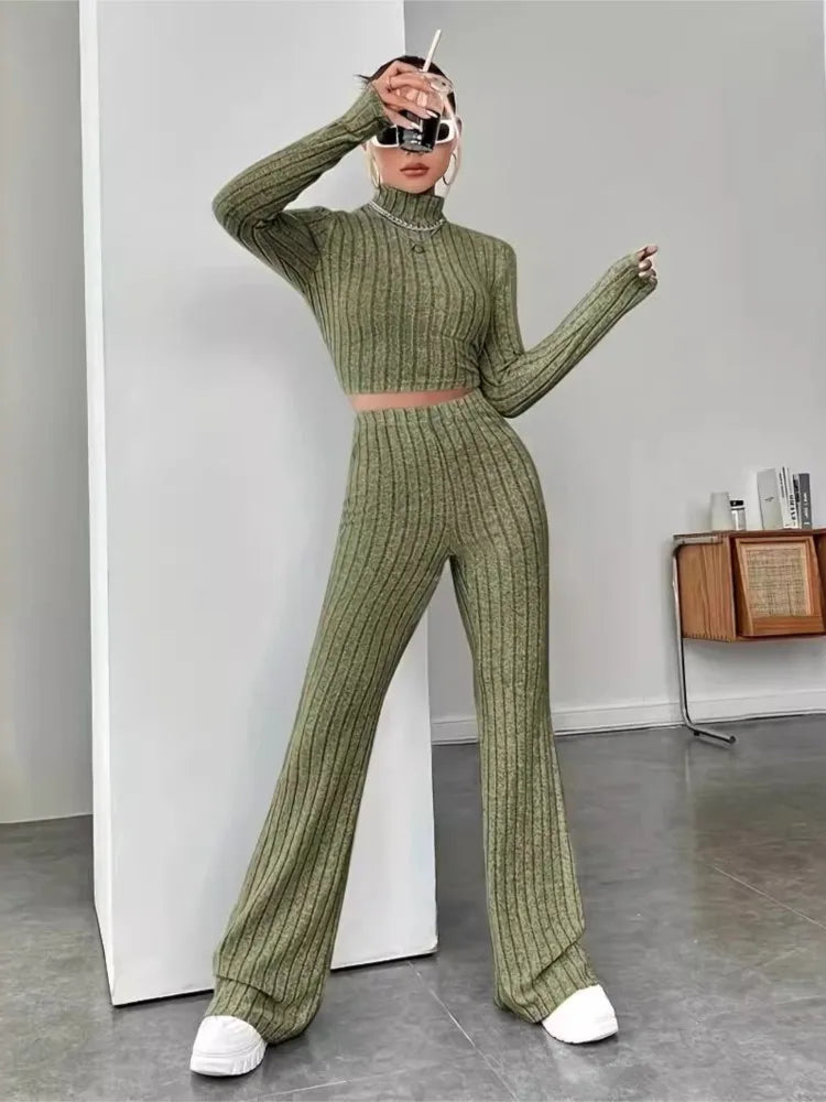 Autumn knitted two-piece women's bodycon suit with long sleeves, flare pants, slim fit crop top, vintage Y2K style, stretchy fabric