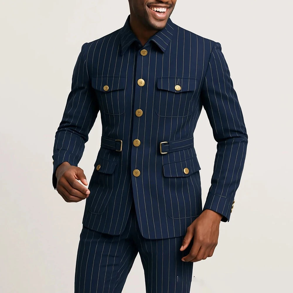 Elegant pinstripe men's suit by Showlu Fashion, single-breasted slim fit jacket and matching pants set with stand lapel.