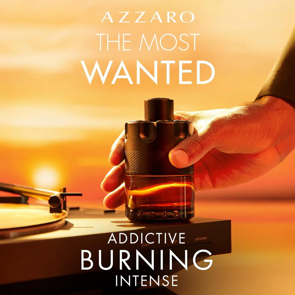 Azzaro The Most Wanted Parfum bottle with intense spicy notes, men's cologne displayed on a neutral background.