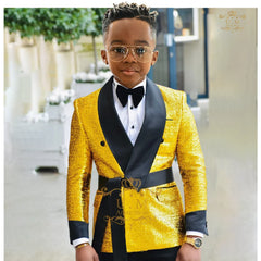 Boys' shiny suit 2-piece set (jacket+pants) gold sequin shawl lapel waistband custom children tuxedo for wedding banquet party