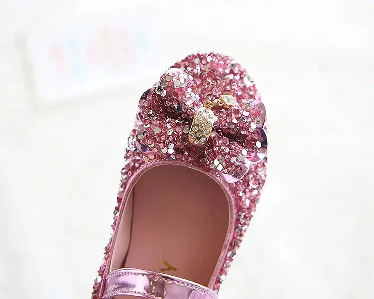 Showlu Girls sequin rhinestone princess flats with PU leather, featuring shiny sequins and decorative rhinestones, for stylish kids' footwear.