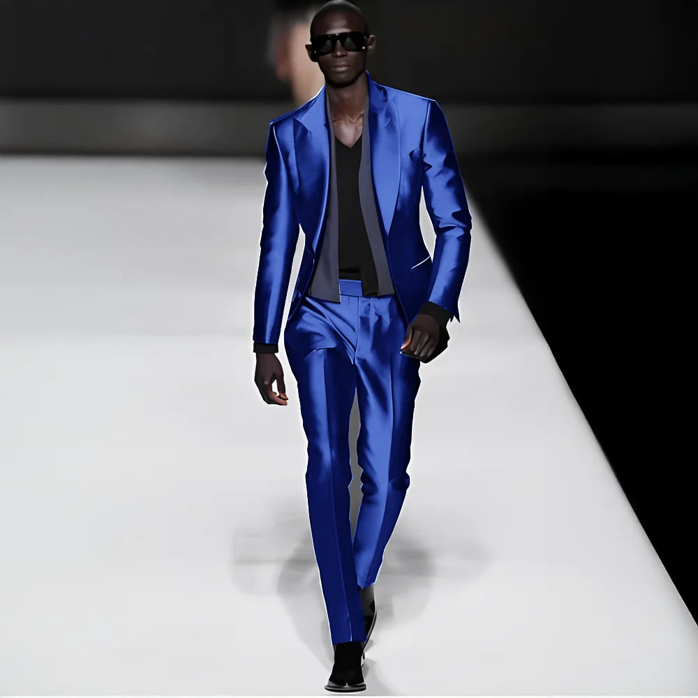 Elegant satin men's suit with peak lapel blazer and matching pants, suitable for weddings, parties, or formal events.