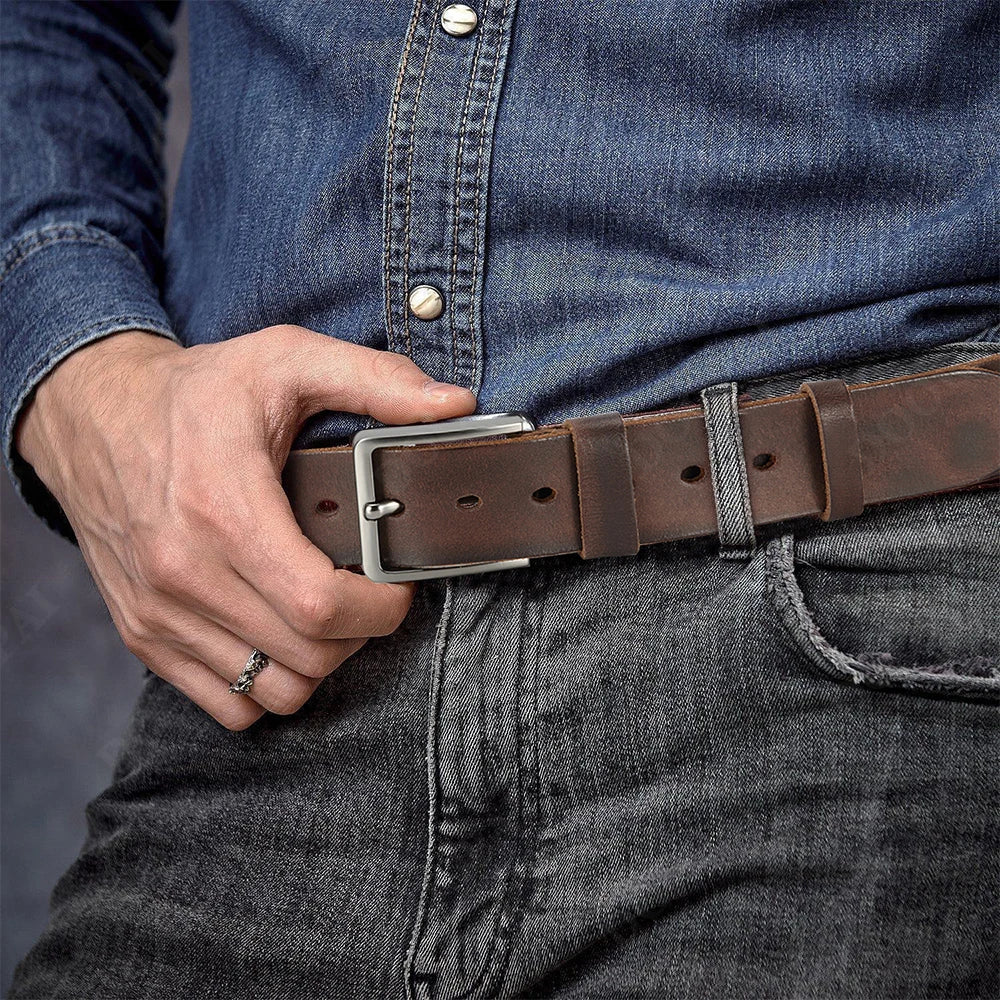 Men's cowhide leather belt with casual metal buckle from DOOPAI, featuring a sleek top layer design and durable construction.