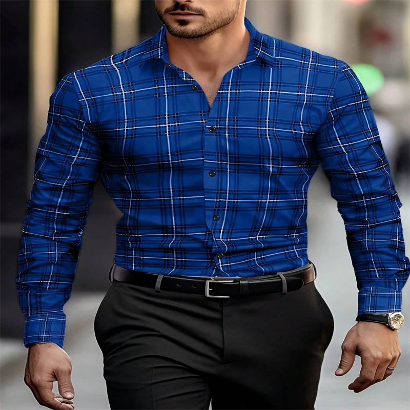 Men's 2024 classic striped plaid long-sleeved shirt in red, casual fashion top by Showlu Fashion Store
