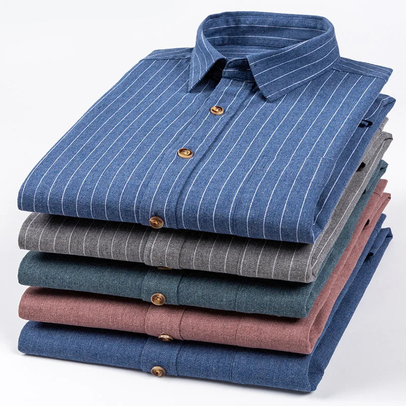 Plus size 7XL men's long sleeve cotton plaid shirt with slim fit, soft fabric, casual striped design, ideal for office or formal wear