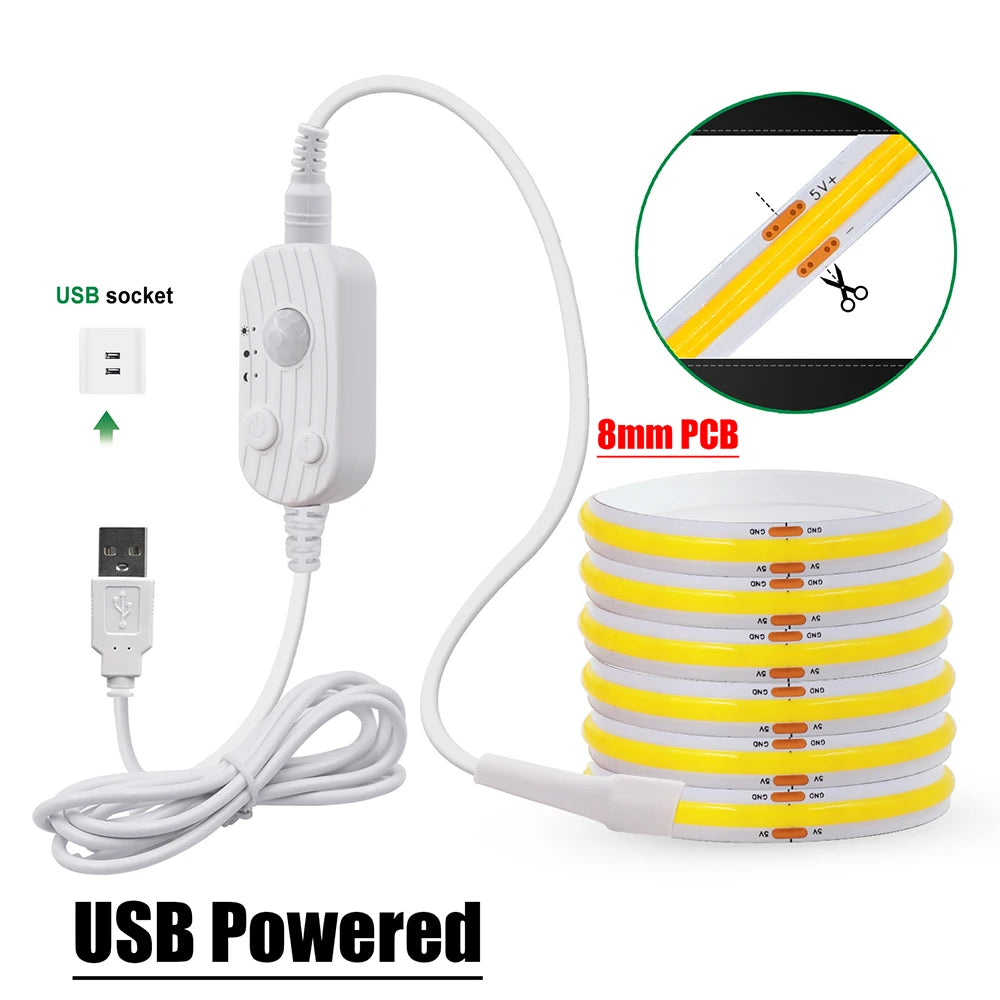 Showlu Smart Motion Sensor LED Strip Light 5V USB powered, flexible strip with built-in motion detection for ambient lighting.