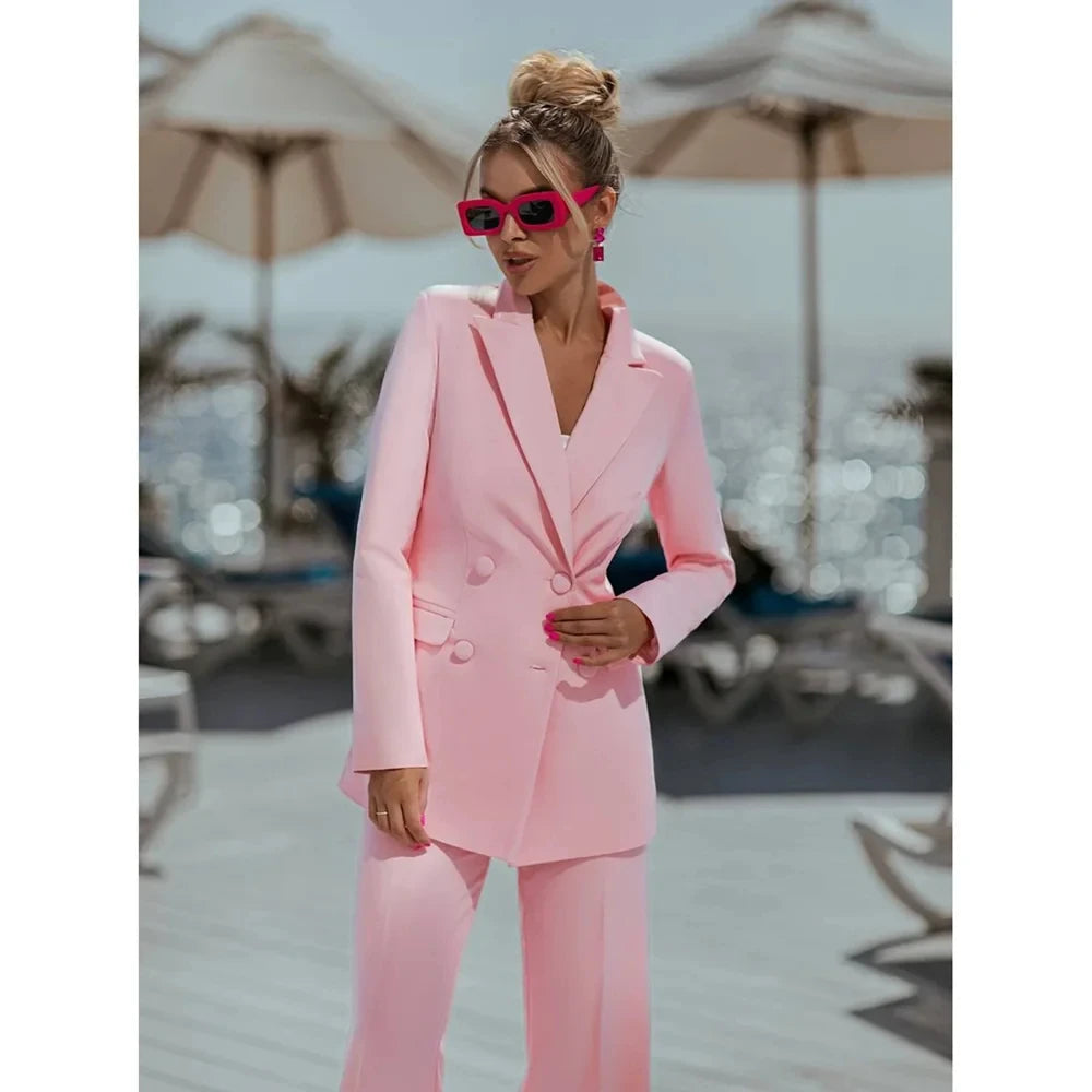 Pink Ladies Suits 2 Piece Elegant Double Breasted Peak Lapel Outfit Casual Slim Daily Prom Party Women Suits (Jacket+Pants)
