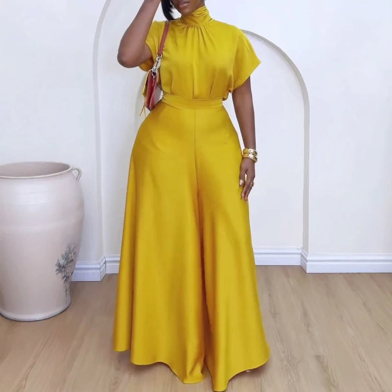 African fashion 2024 women two-piece set with soft satin lace-up top and wide-leg pants, stylish matching outfit from Showlu Fashion