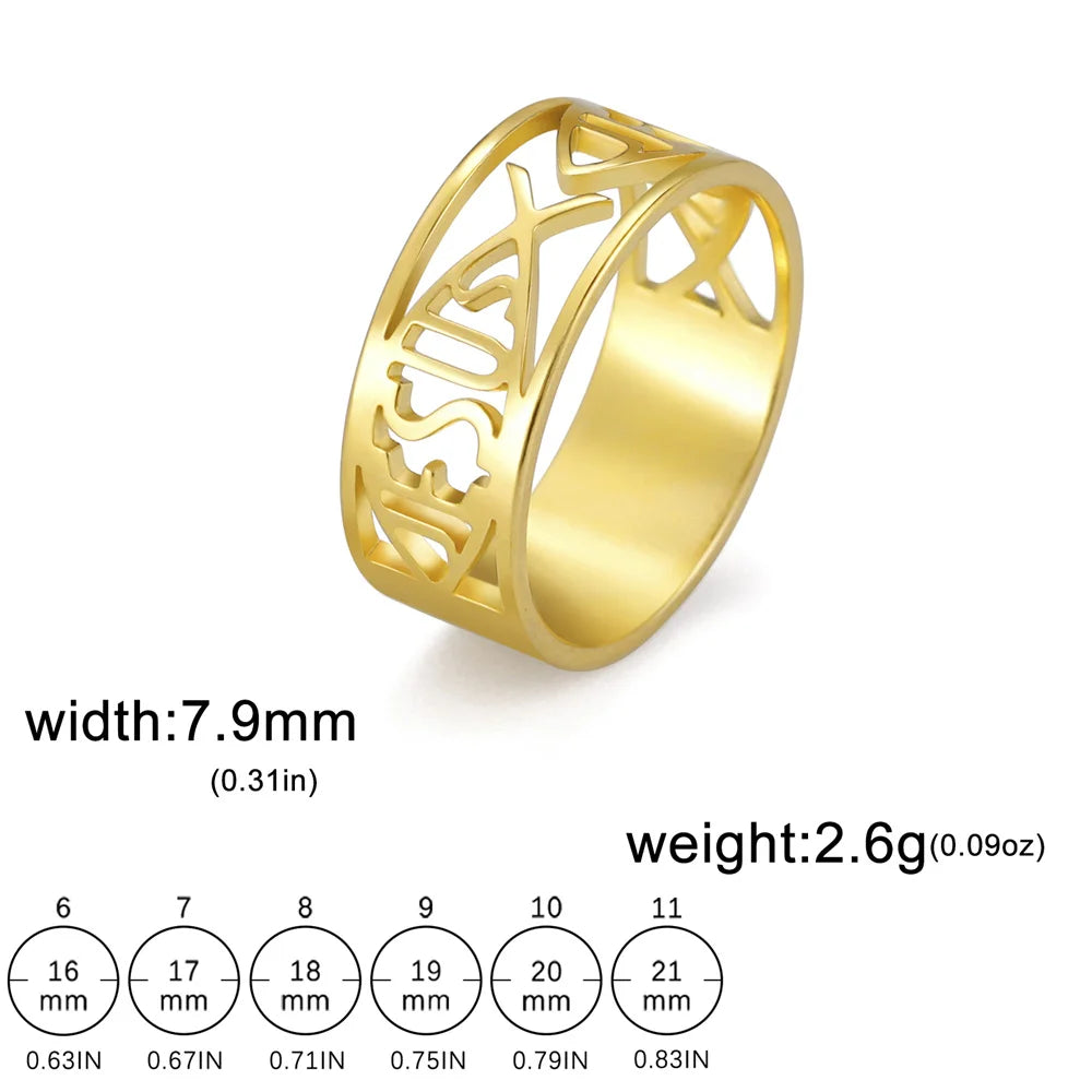 Stainless steel My Shape Jesus Fish ring featuring Christian religious symbol, detailed design, and polished finish.