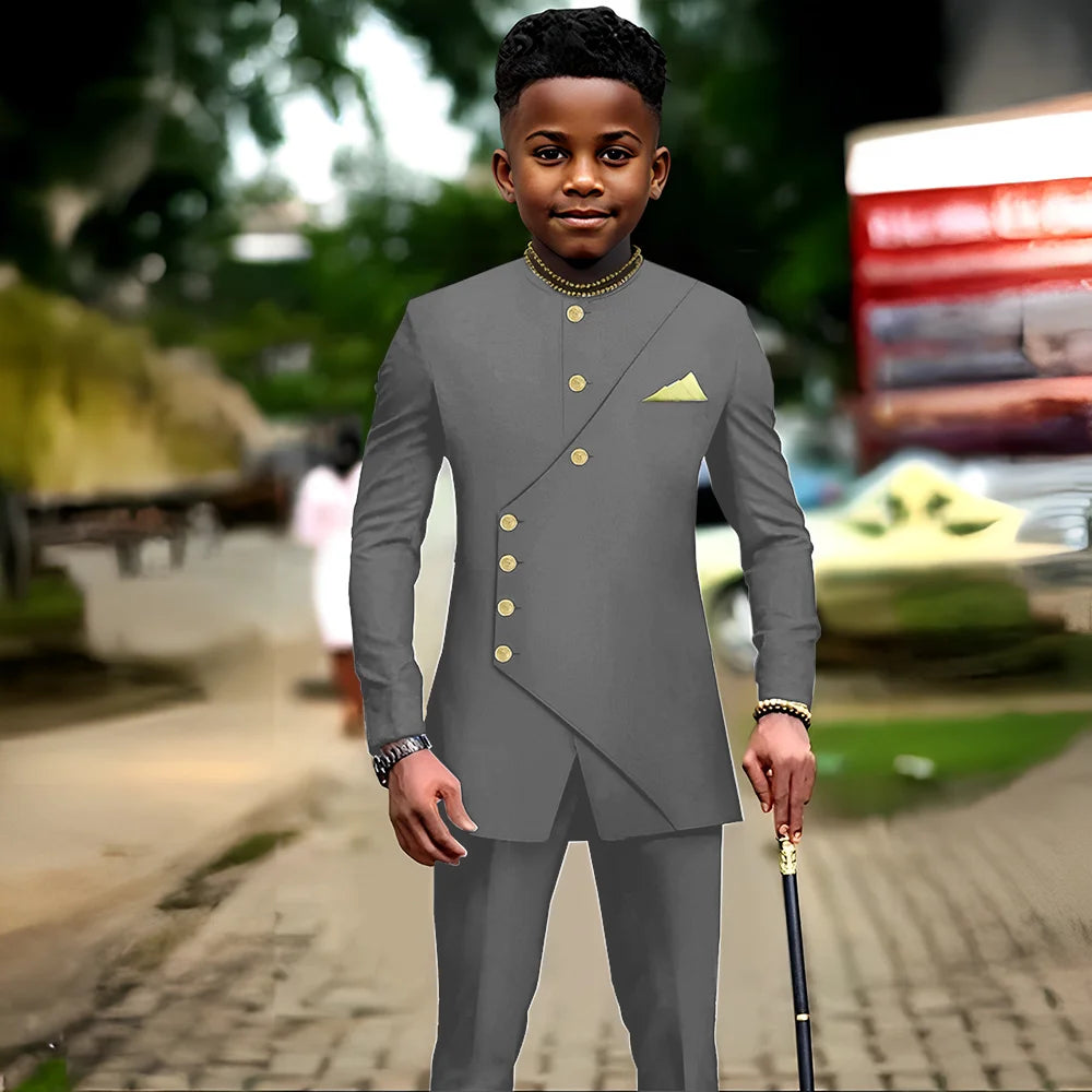 African boys' 2-piece suit jacket and pants by Showlu Fashion Store, suitable for parties and weddings for kids aged 2-16.