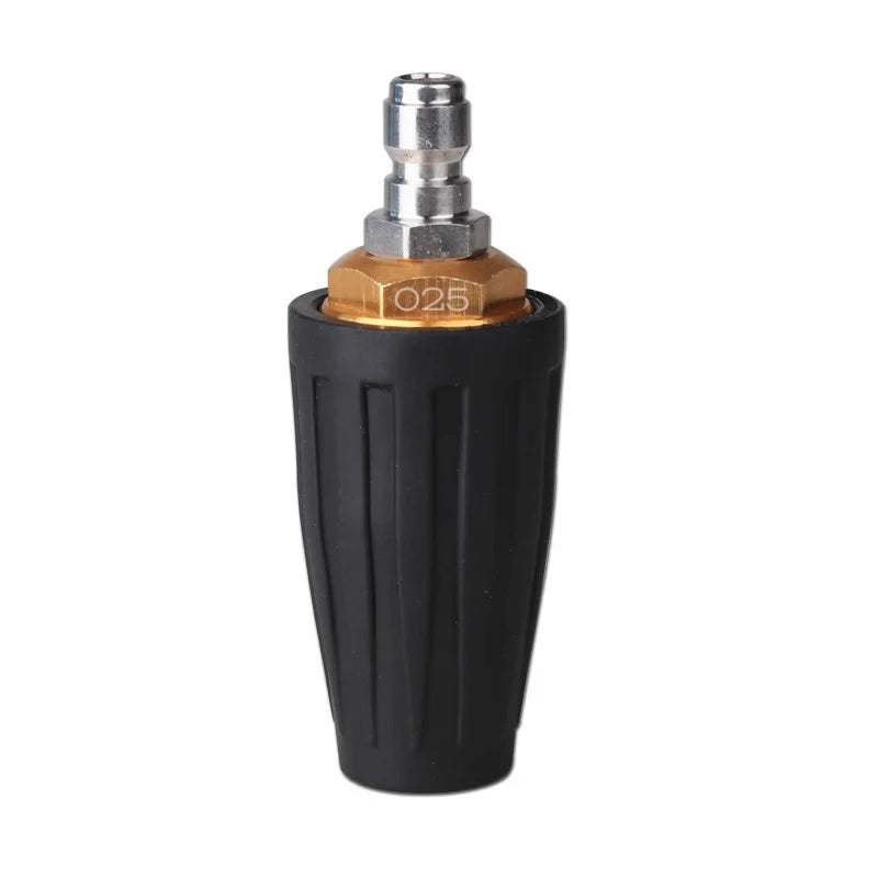 Showlu Smart General turbine rotating turbo nozzle attached to a garden hose, showcasing its high-pressure spray for cleaning tasks.