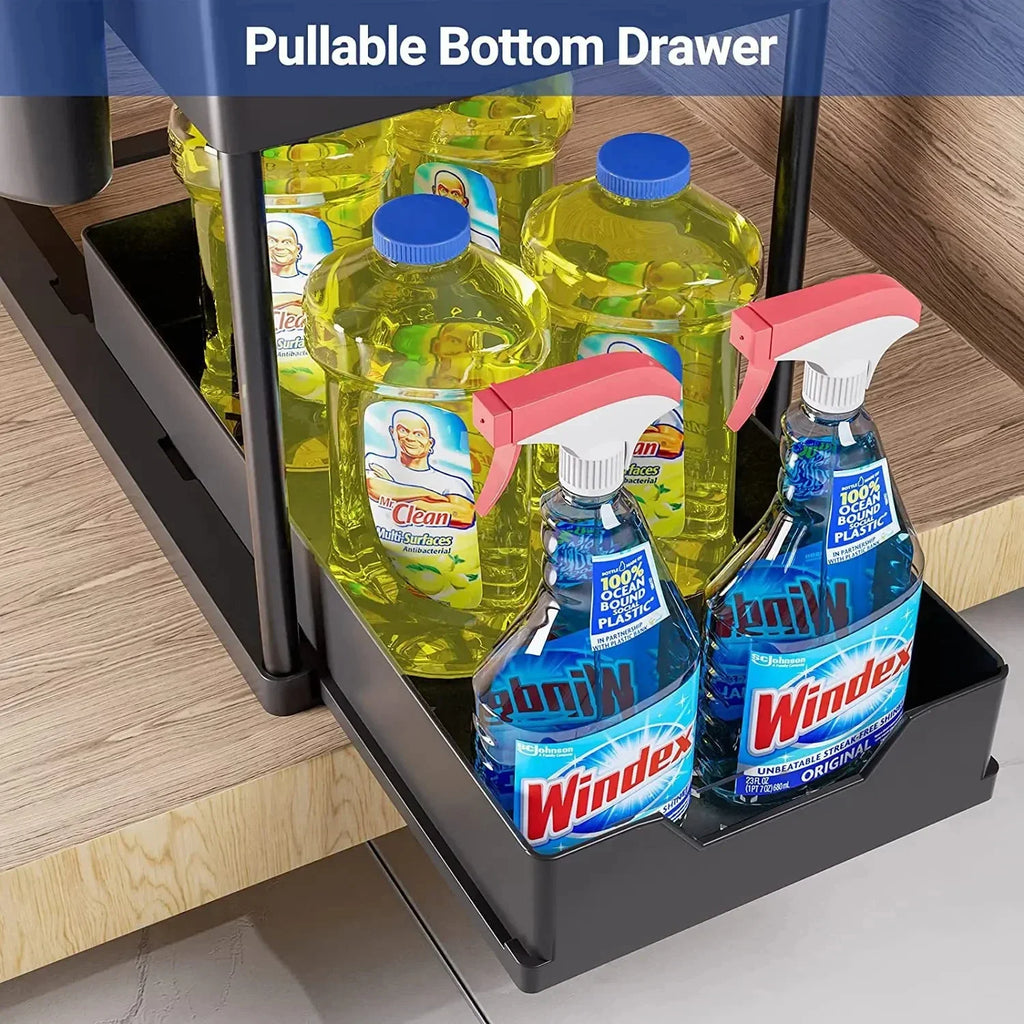 Showlu Smart General under sink organizer rack with multiple compartments for efficient kitchen or bathroom storage.