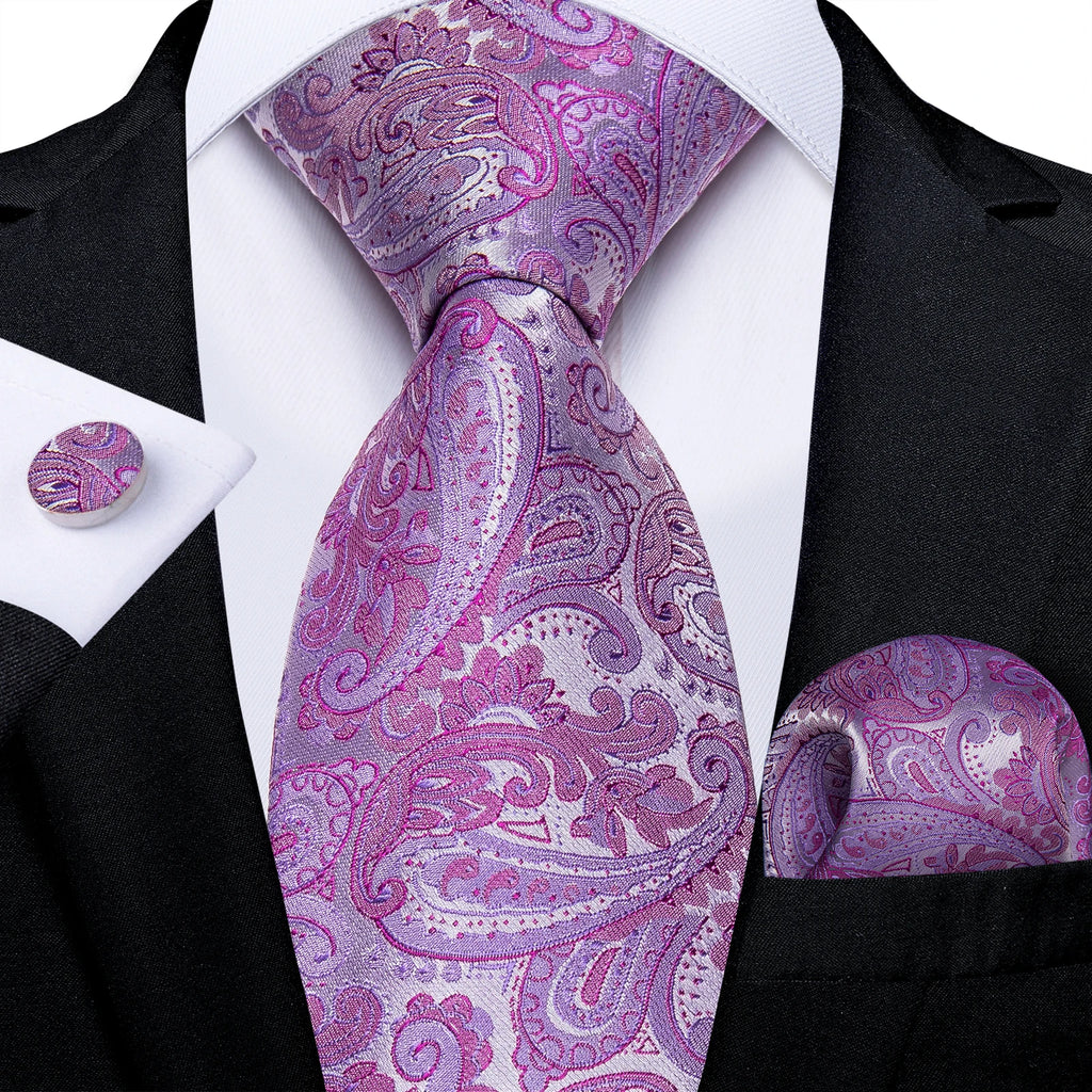 DiBanGu Ties For Men Purple Floral Paisley Necktie Business Formal 100% Silk Tie Pocket Square Set For Wedding Party Cravat