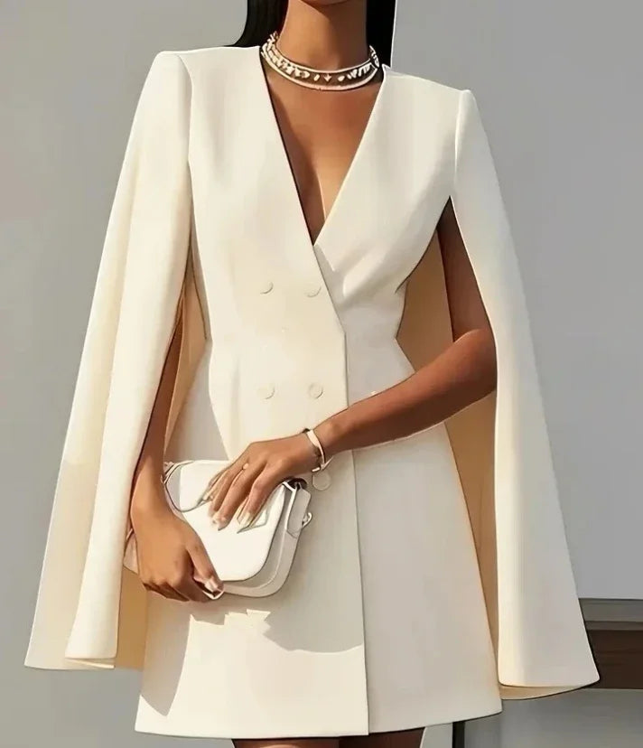 Showlu Fashion Women's solid color V-neck double-breasted shawl cape mini dress, stylish and elegant for special occasions.
