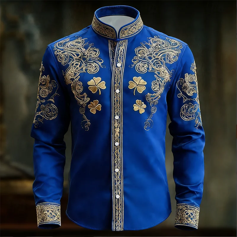 Men's floral long-sleeved shirt with gold 3D clover print, stylish and luxurious fabric, from Showlu Fashion Store.