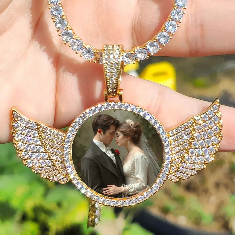Custom angel wing round pendant necklace for men and women featuring a personalized photo charm with tennis chain.