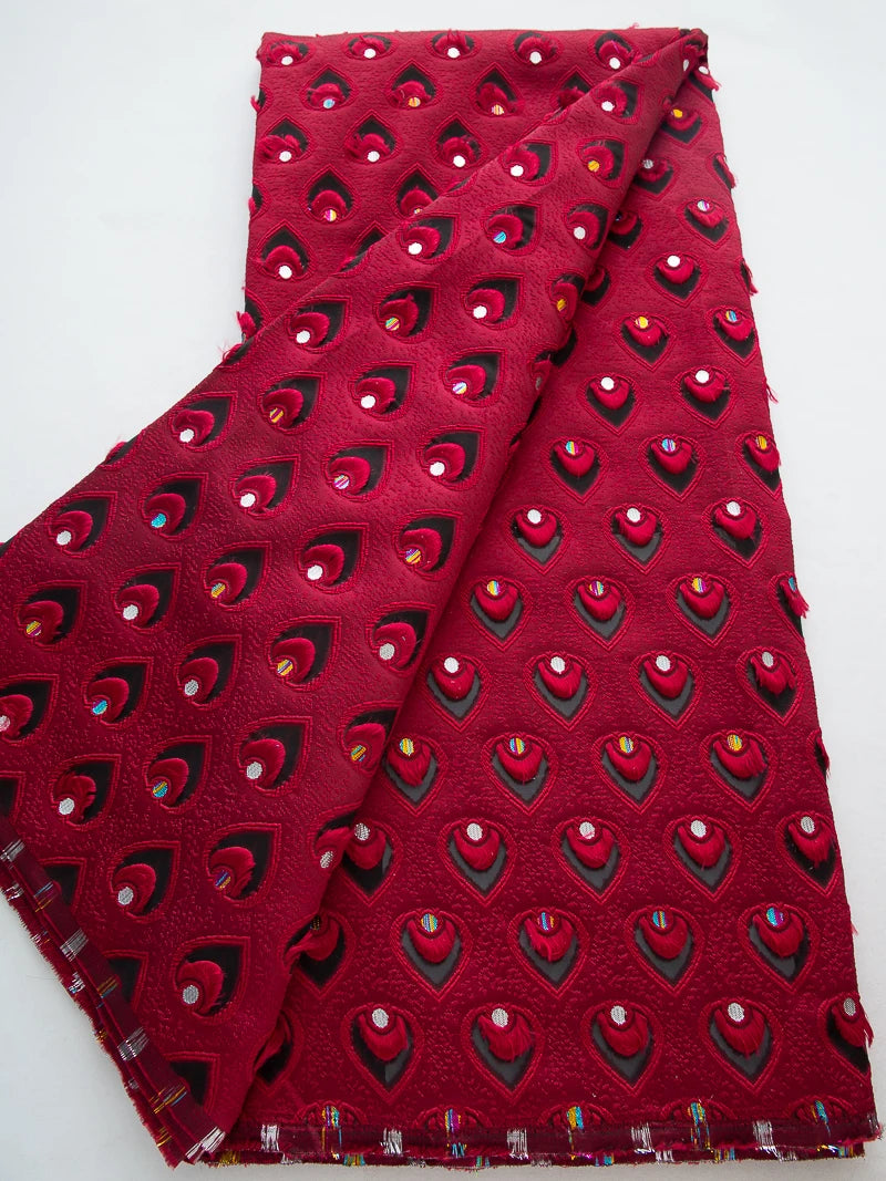 Red African Damask brocade lace fabric by Zhenguiru, 5 yards, jacquard design with intricate floral patterns.