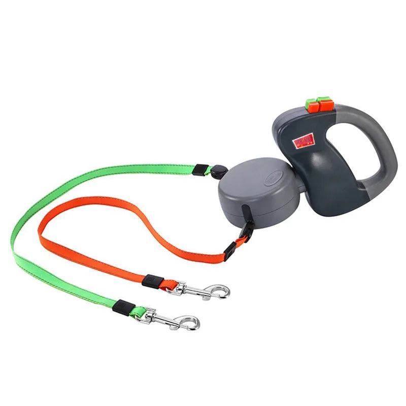Showlu Dual Retractable Dog Leash with 360° tangle-free design and reflective handles for safe, comfortable walking.