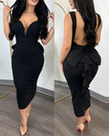 SHOWLU Women's sexy plunge ruffle hem backless party dress, mid-calf length, black, elegant design, perfect for evening events