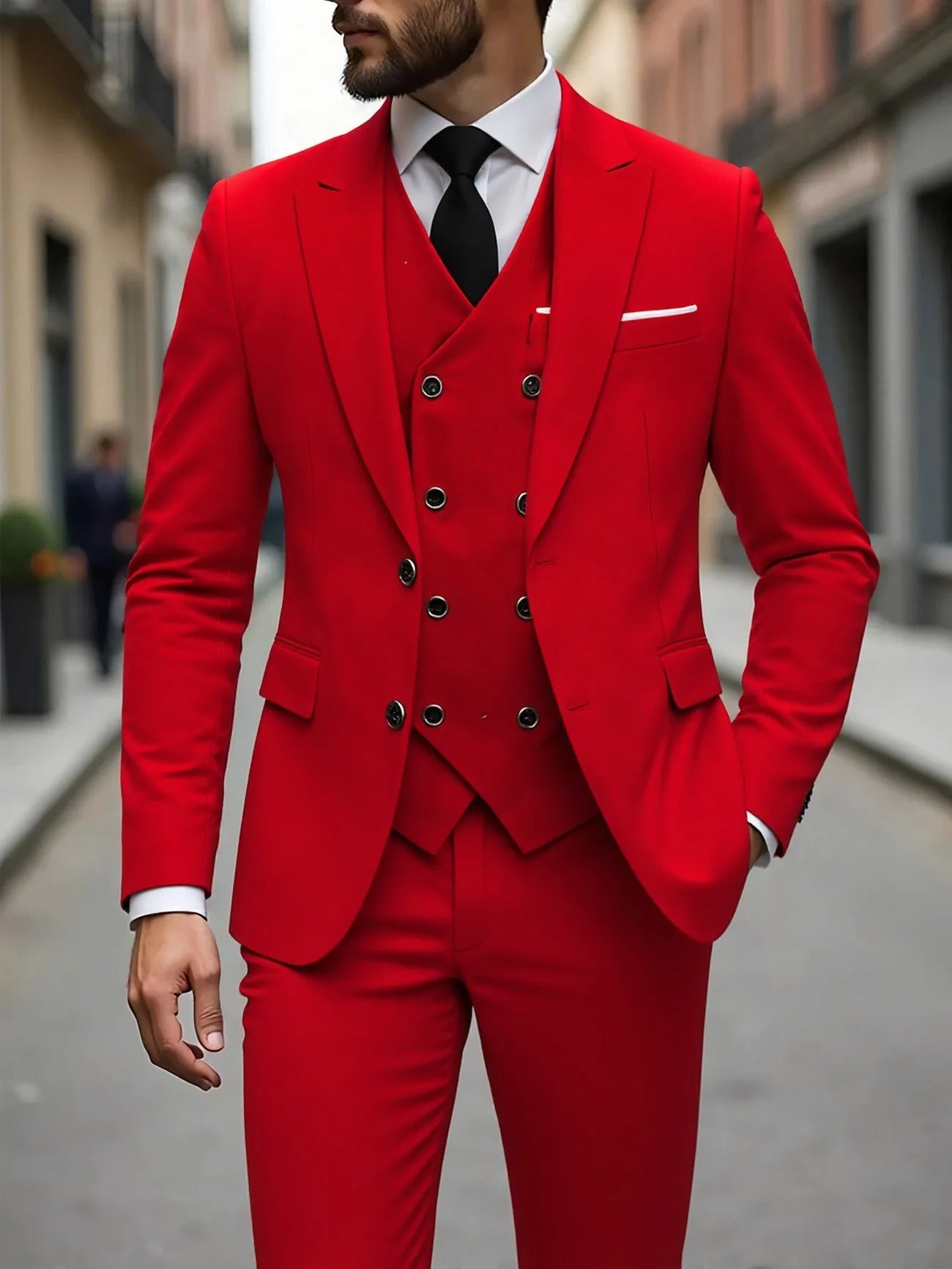 Classic slim fit wedding tuxedo for men, includes jacket, vest, and pants, ideal for grooms and formal occasions
