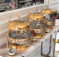 Luxury gold round hanging chafing dish for hotel weddings, catering, and restaurant buffet food warming equipment.