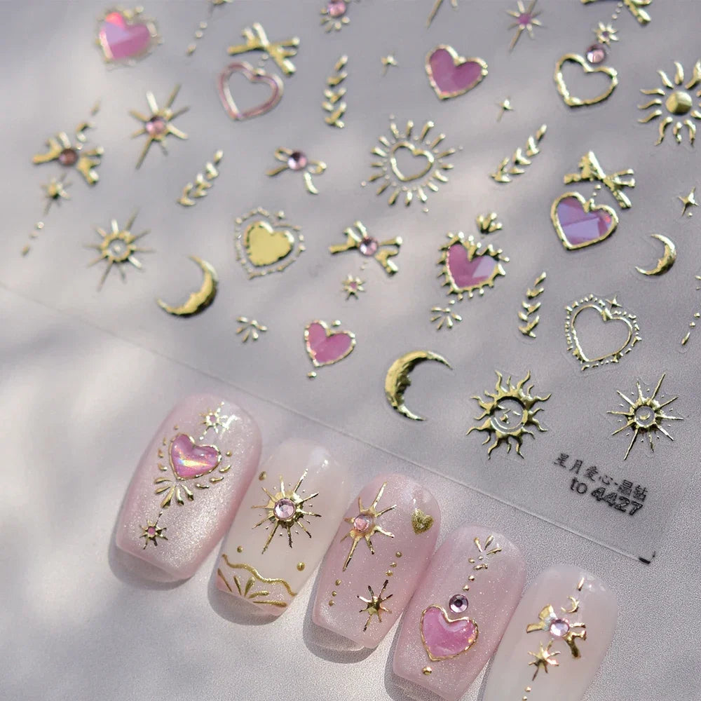 Elegant gold scepter 5D nail art stickers with gemstone and luxury courtly pattern for self-adhesive manicure decoration.
